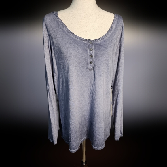 Women's Long Sleeve Scoop Neck Henley Top in Burntout Blue with silver buttons - Picture 1 of 8
